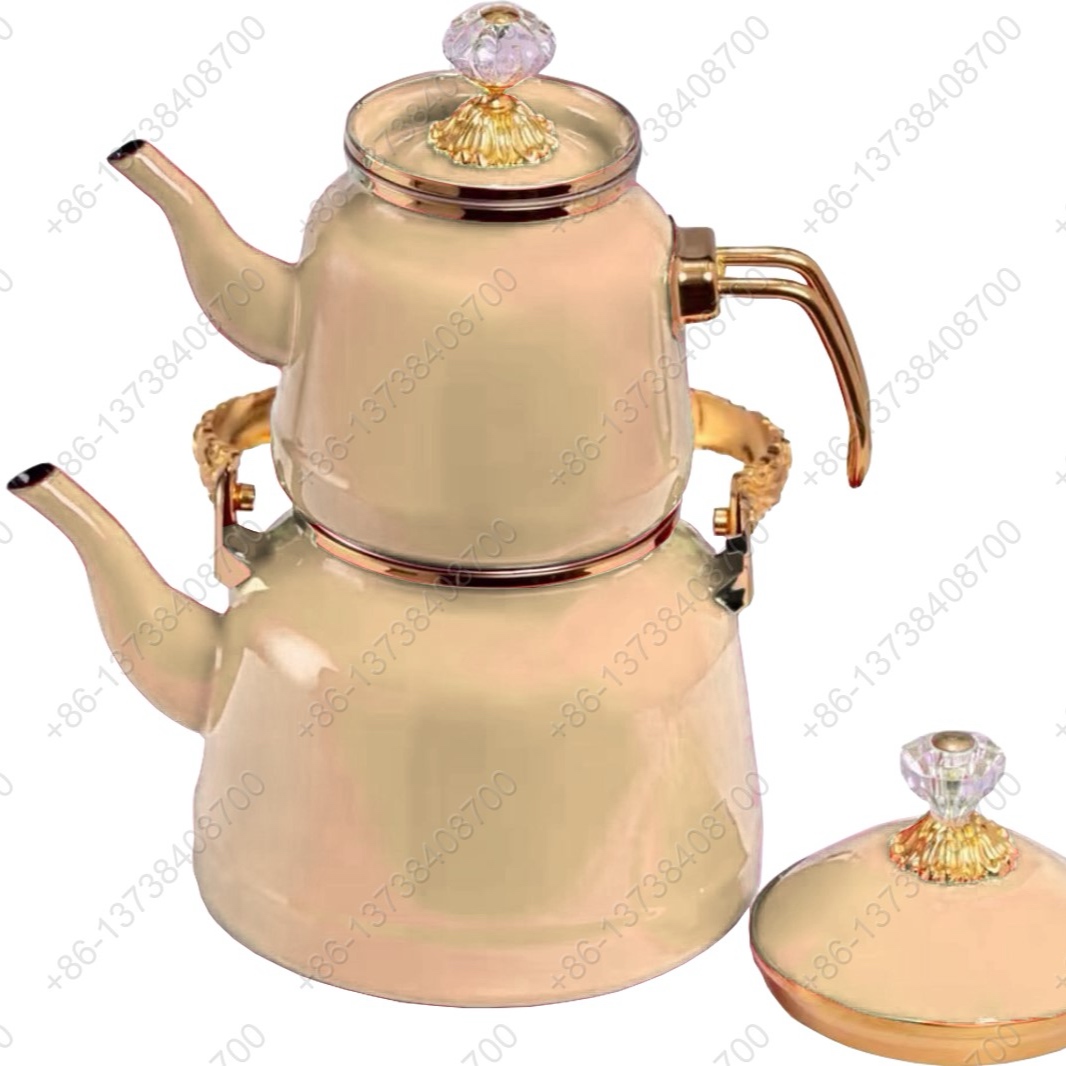 1.0L/2.5L High Luxury Quality Enamel Tea Pot Kettle Set With Gold Stainless Steel Handle
