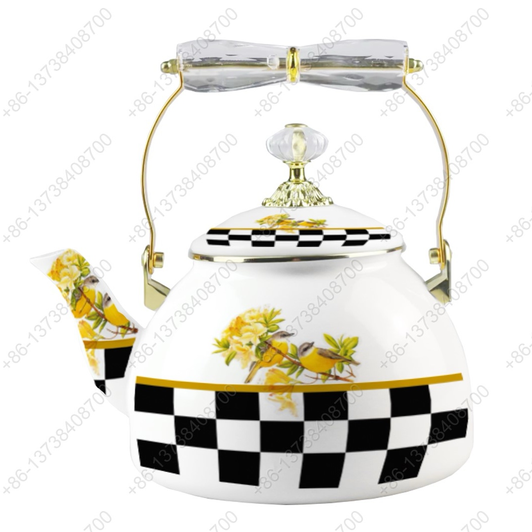 Luxury High Quality Enamel Coating Kettle With Decals / Colors Acrylic Handle And Golden Knobs
