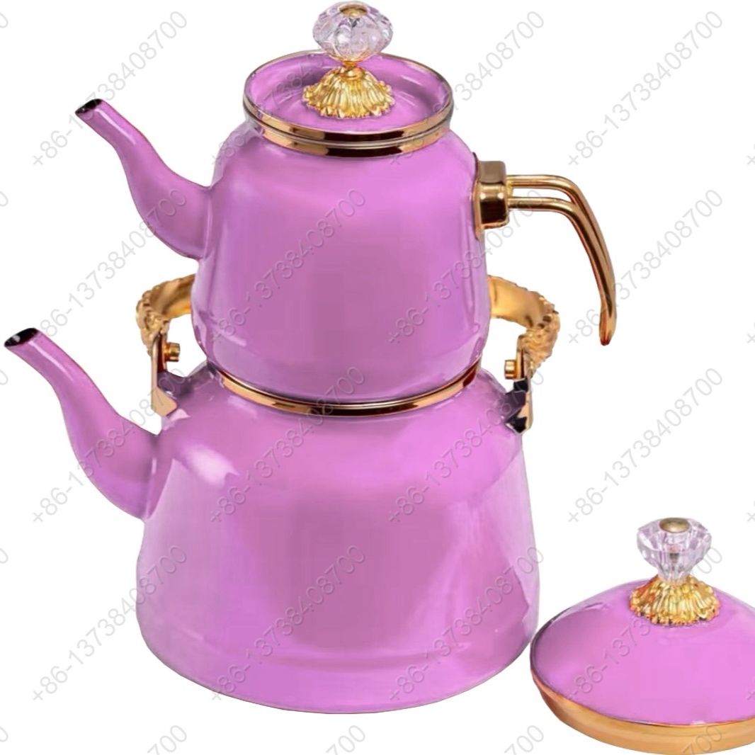 1.0L/2.5L High Luxury Quality Enamel Tea Pot Kettle Set With Gold Stainless Steel Handle