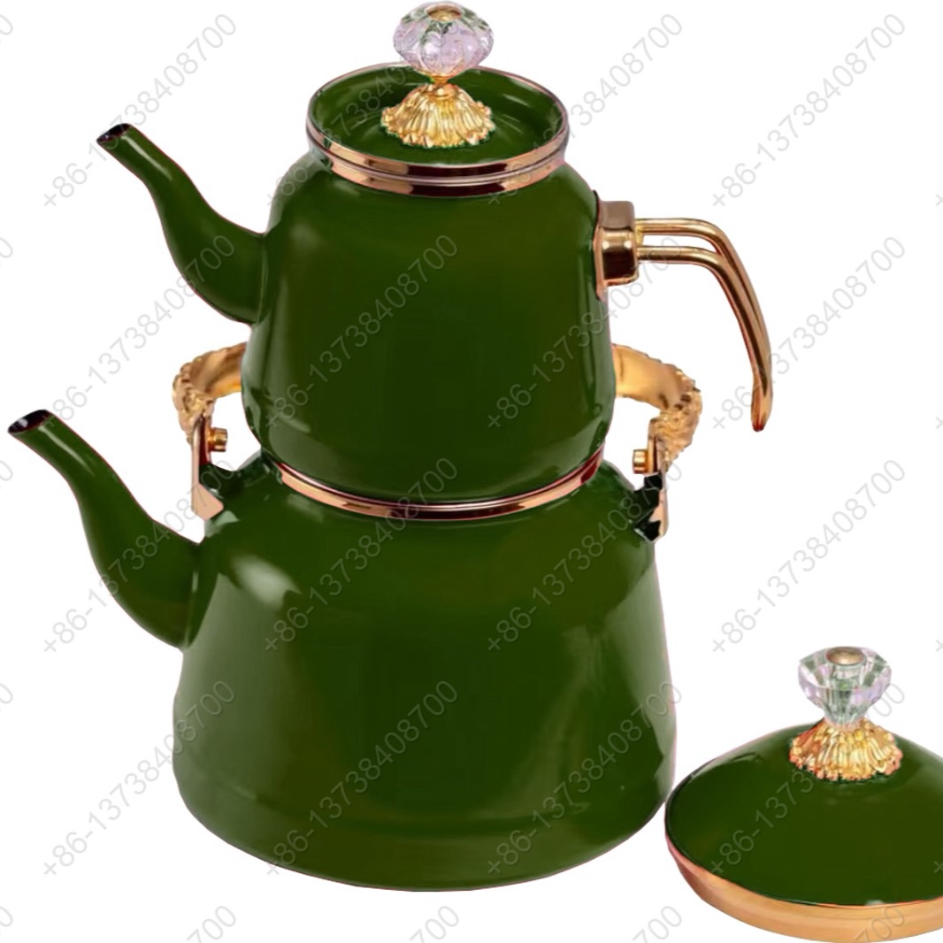 1.0L/2.5L High Luxury Quality Enamel Tea Pot Kettle Set With Gold Stainless Steel Handle