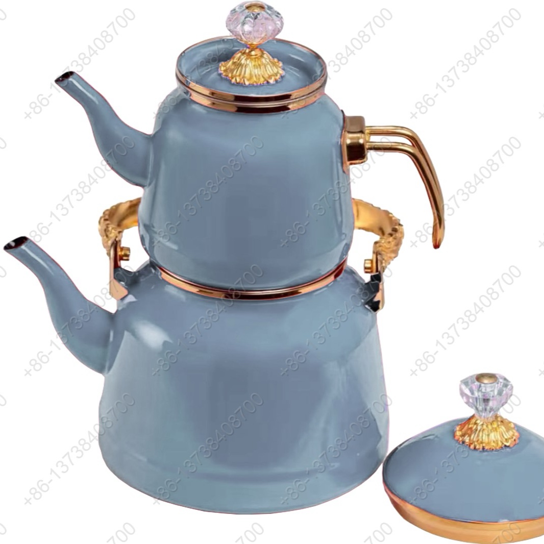 1.0L/2.5L High Luxury Quality Enamel Tea Pot Kettle Set With Gold Stainless Steel Handle